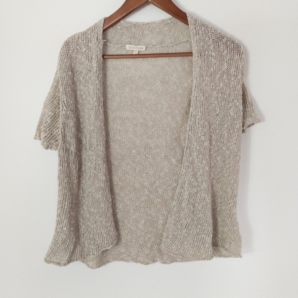 Eileen Fisher Linen Blend Short Sleeve Open Front Cardigan Size Large
